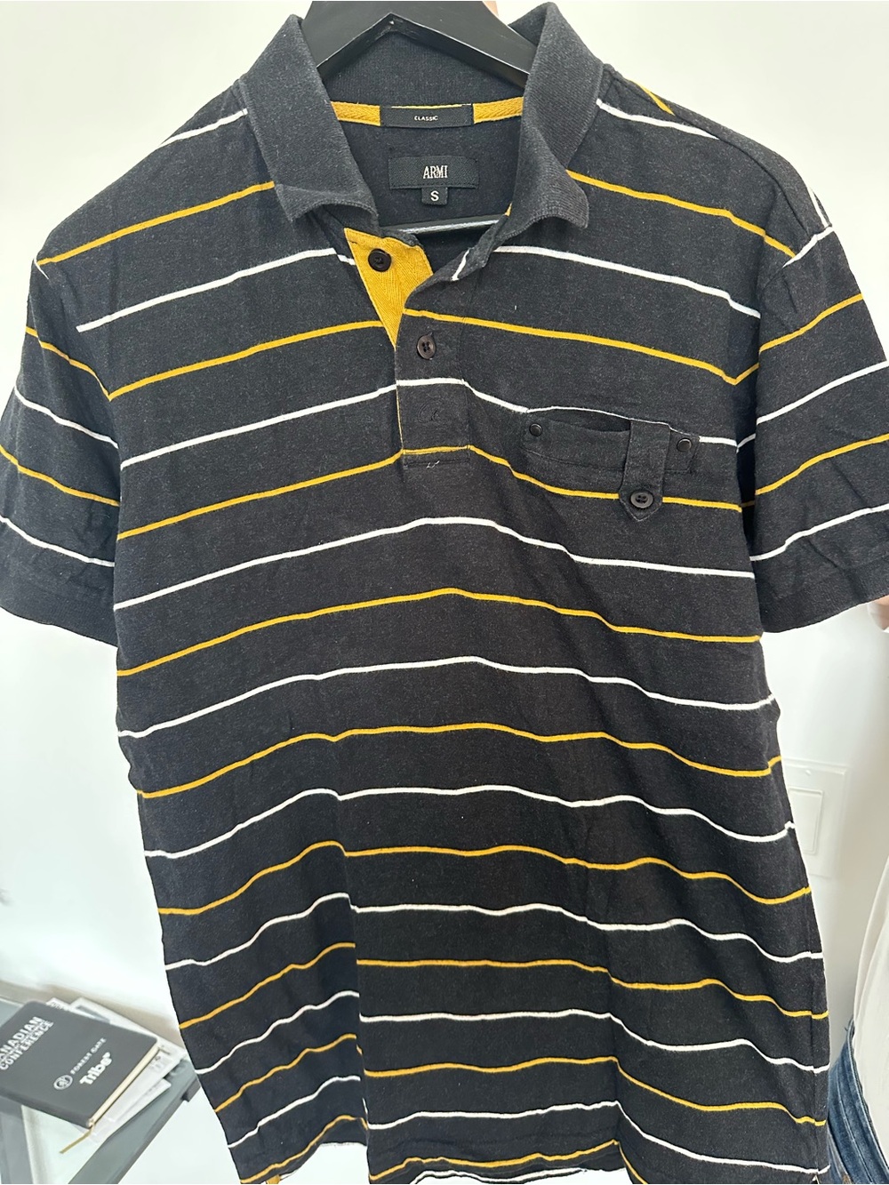ARMI Classic Black Polo with Yellow and White Stripes | Like New